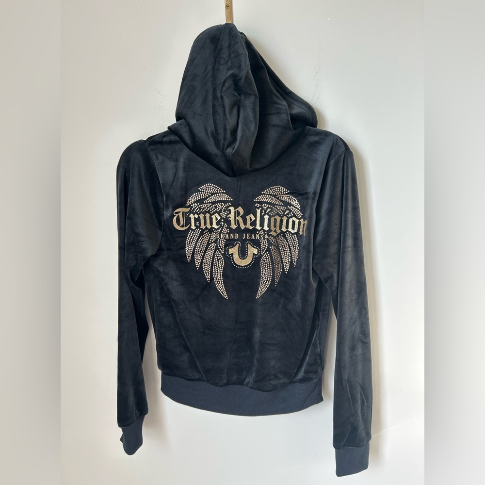 True Religion Black Angel Wings Gold Velour Zip-Up hoodie